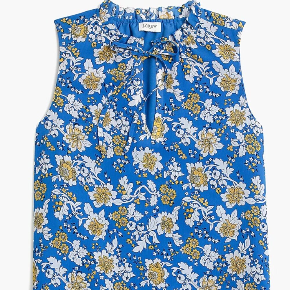 J Crew Blue Ruffle Tie Neck Top,